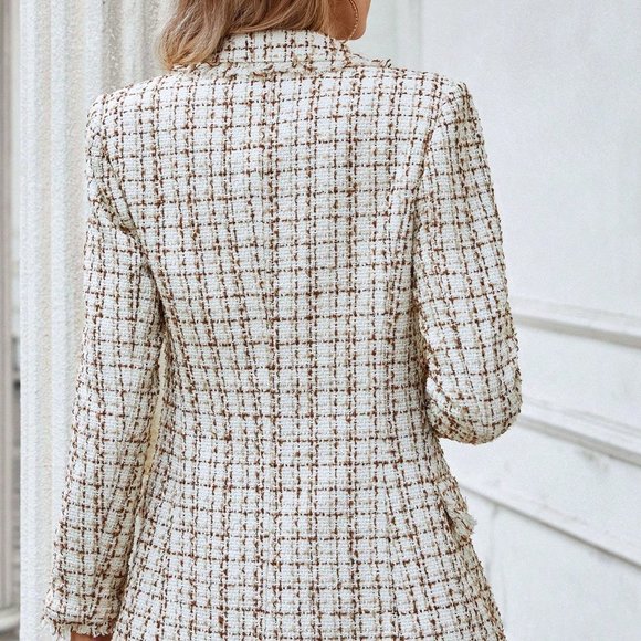 Multicolor Preppy Womens Plaid Pattern Raw Trim Lapel Collar Tweed Blazer - Picture 3 of 5
